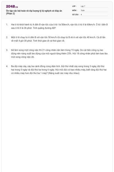 Ôn tập các bài toán về đại lượng tỷ lệ nghịch có đáp án (Phần 2)