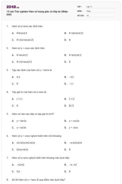 15 câu Trắc nghiệm Hàm số lượng giác có đáp án (Nhận biết)