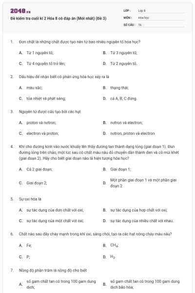 Đề kiểm tra cuối kì 2 Hóa 8 có đáp án (Mới nhất) (Đề 3)