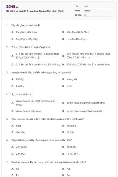 Đề kiểm tra cuối kì 2 Hóa 8 có đáp án (Mới nhất) (Đề 5)