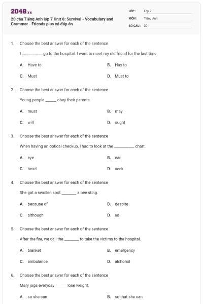 20 câu Tiếng Anh lớp 7 Unit 6: Survival - Vocabulary and Grammar - Friends plus có đáp án