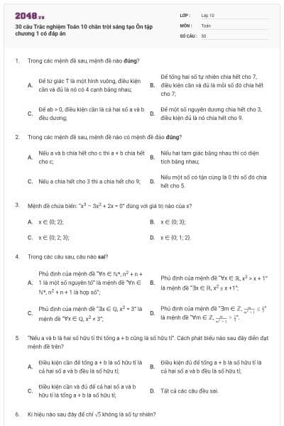 30 câu Trắc nghiệm Toán 10 chân trời sáng tạo Ôn tập chương 1 có đáp án