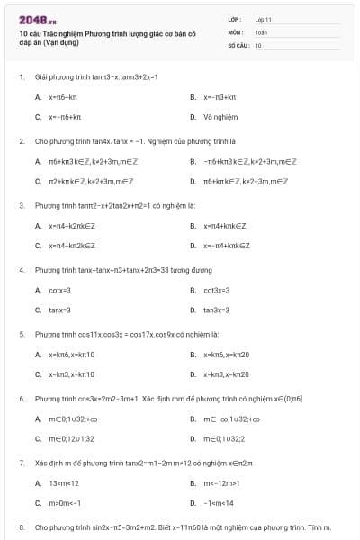 10 câu Trắc nghiệm Phương trình lượng giác cơ bản có đáp án (Vận dụng)