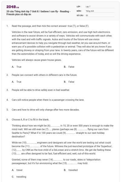 20 câu Tiếng Anh lớp 7 Unit 8: I believe I can fly - Reading - Friends plus có đáp án