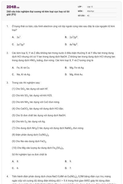 260 câu trắc nghiệm Đại cương về kim loại cực hay có lời giải (P3)