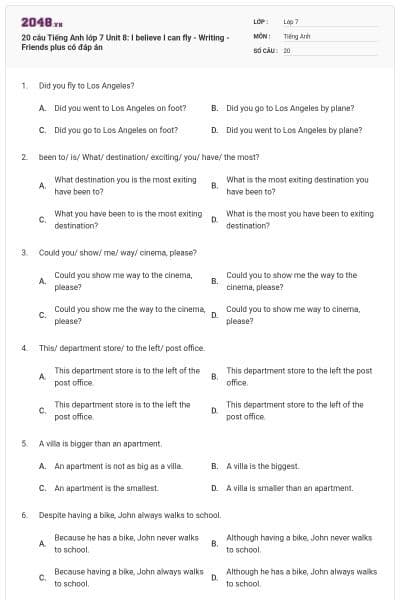 20 câu Tiếng Anh lớp 7 Unit 8: I believe I can fly - Writing - Friends plus có đáp án