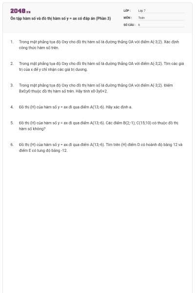Ôn tập hàm số và đồ thị hàm số y = ax có đáp án (Phần 3)