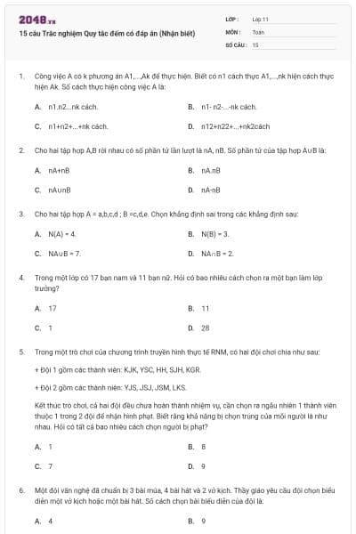 15 câu Trắc nghiệm Quy tắc đếm có đáp án (Nhận biết)