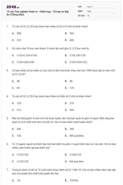 15 câu Trắc nghiệm Hoán vị - Chỉnh hợp - Tổ hợp có đáp án (Thông hiểu)