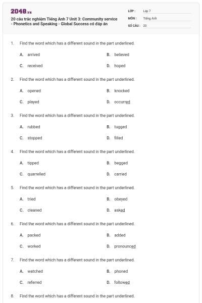 20 câu trắc nghiệm Tiếng Anh 7 Unit 3: Community service - Phonetics and Speaking - Global Success có đáp án