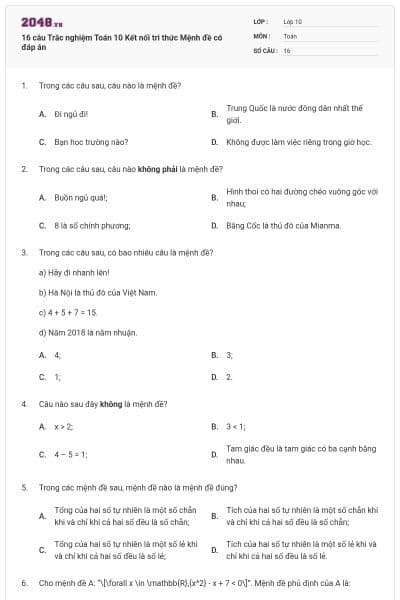 16 câu Trắc nghiệm Toán 10 Kết nối tri thức Mệnh đề có đáp án