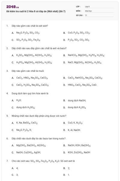 Đề kiểm tra cuối kì 2 Hóa 8 có đáp án (Mới nhất) (Đề 7)