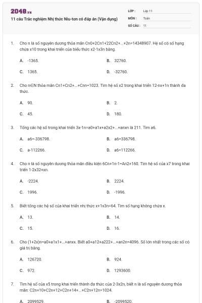 11 câu Trắc nghiệm Nhị thức Niu-tơn có đáp án (Vận dụng)