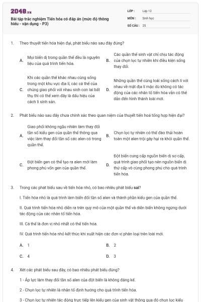 Bài tập trắc nghiệm Tiến hóa có đáp án (mức độ thông hiểu - vận dụng - P3)