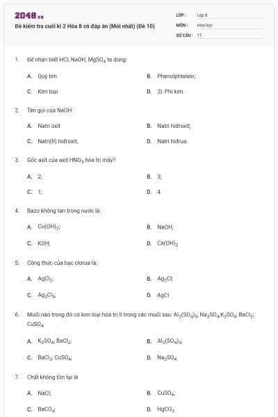 Đề kiểm tra cuối kì 2 Hóa 8 có đáp án (Mới nhất) (Đề 10)