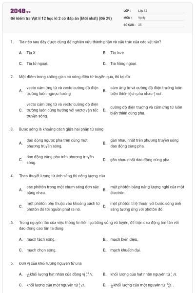 Đề kiểm tra Vật lí 12 học kì 2 có đáp án (Mới nhất) (Đề 29)