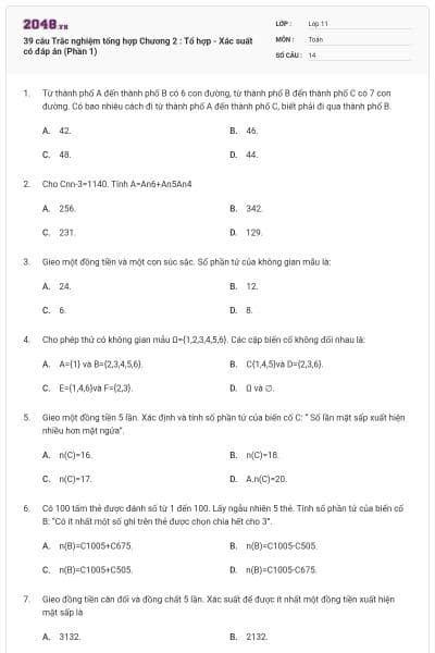 39 câu Trắc nghiệm tổng hợp Chương 2 : Tổ hợp - Xác suất có đáp án (Phần 1)