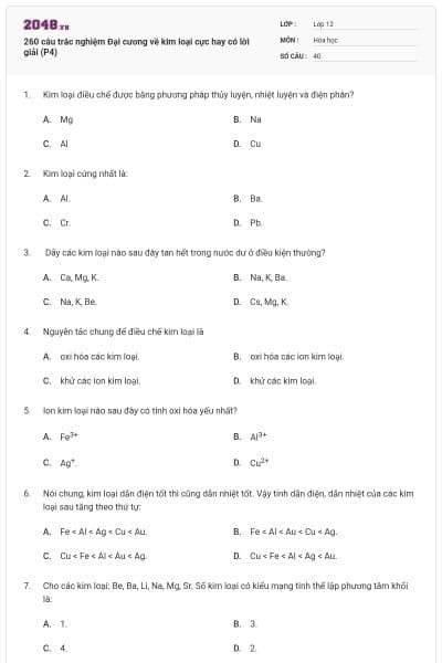 260 câu trắc nghiệm Đại cương về kim loại cực hay có lời giải (P4)