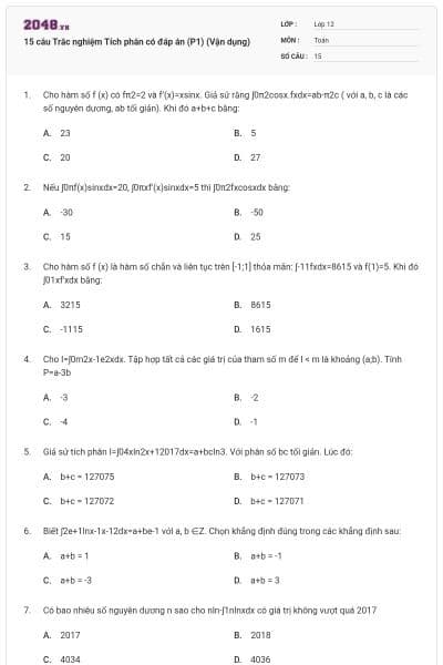 15 câu Trắc nghiệm Tích phân có đáp án (P1) (Vận dụng)
