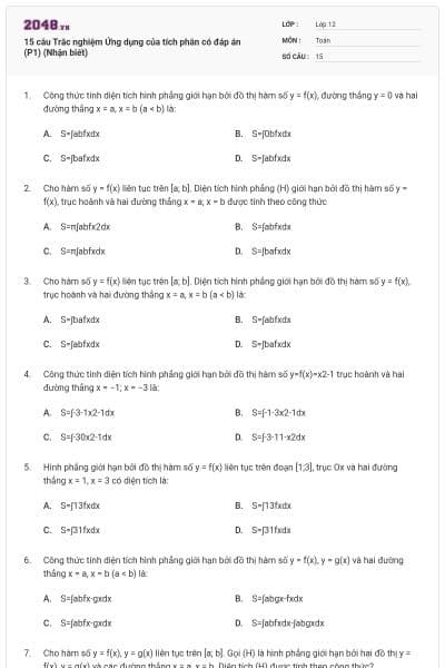 15 câu Trắc nghiệm Ứng dụng của tích phân có đáp án (P1) (Nhận biết)
