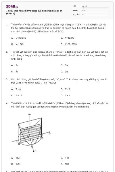 73 câu Trắc nghiệm Ứng dụng của tích phân có đáp án (Phần 1)