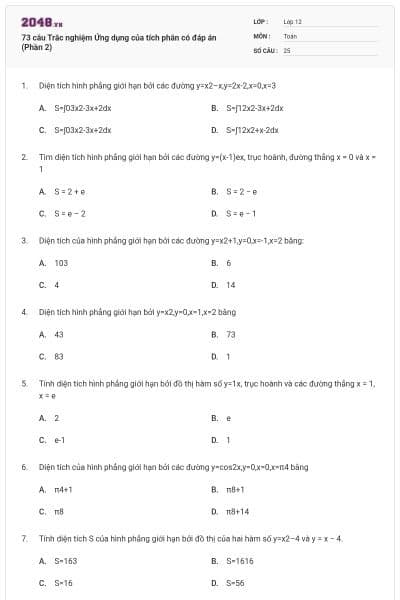 73 câu Trắc nghiệm Ứng dụng của tích phân có đáp án (Phần 2)