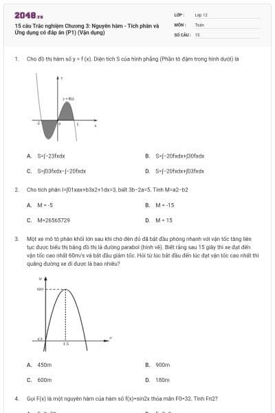 15 câu Trắc nghiệm Chương 3: Nguyên hàm - Tích phân và Ứng dụng có đáp án (P1) (Vận dụng)