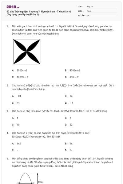 62 câu Trắc nghiệm Chương 3: Nguyên hàm - Tích phân và Ứng dụng có đáp án (Phần 1)