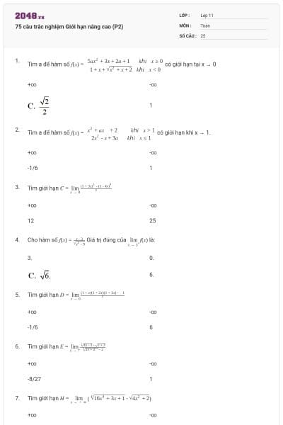 75 câu trắc nghiệm Giới hạn nâng cao (P2)