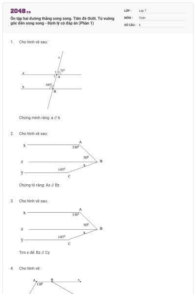 Ôn tập hai đường thẳng song song. Tiên đề Ơclit. Từ vuông góc đến song song - Định lý có đáp án (Phần 1)