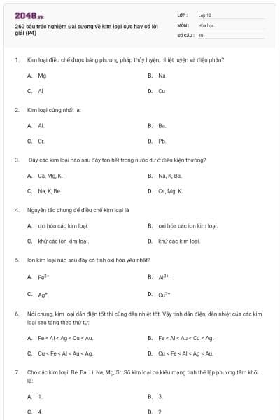 260 câu trắc nghiệm Đại cương về kim loại cực hay có lời giải (P4)