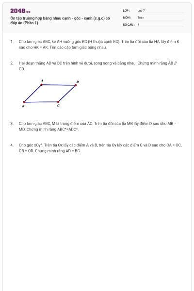Ôn tập trường hợp bằng nhau cạnh - góc - cạnh (c.g.c) có đáp án (Phần 1)
