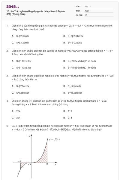 15 câu Trắc nghiệm Ứng dụng của tích phân có đáp án (P1) (Thông hiểu)