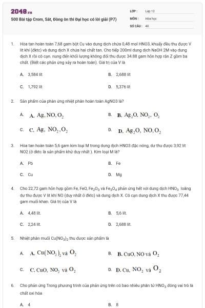 500 Bài tập Crom, Sắt, Đồng ôn thi Đại học có lời giải (P7)