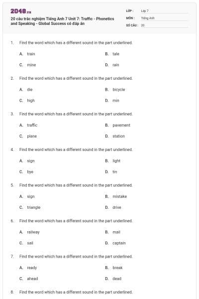 20 câu trắc nghiệm Tiếng Anh 7 Unit 7: Traffic - Phonetics and Speaking - Global Success có đáp án