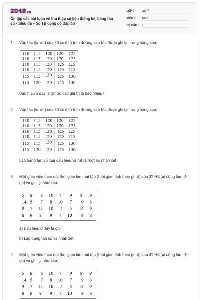 Ôn tập các bài toán về thu thập số liệu thống kê, bảng tần số - Biểu đồ - Số TB cộng có đáp án