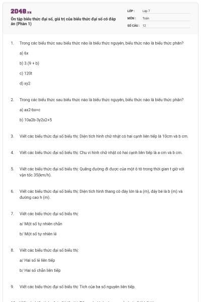 Ôn tập biểu thức đại số, giá trị của biểu thức đại số có đáp án (Phần 1)