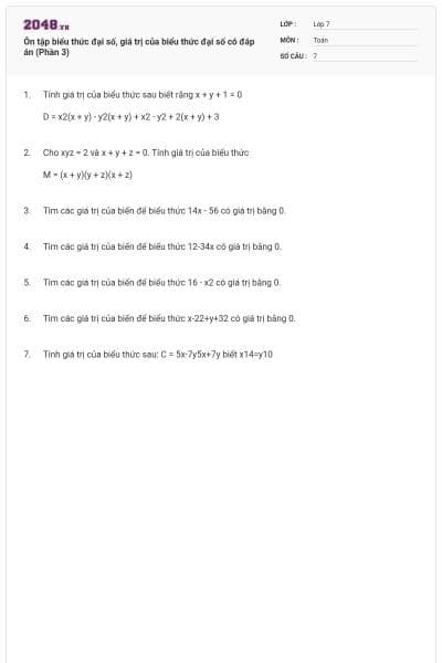 Ôn tập biểu thức đại số, giá trị của biểu thức đại số có đáp án (Phần 3)