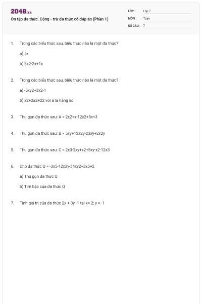 Ôn tập đa thức. Cộng - trừ đa thức có đáp án (Phần 1)