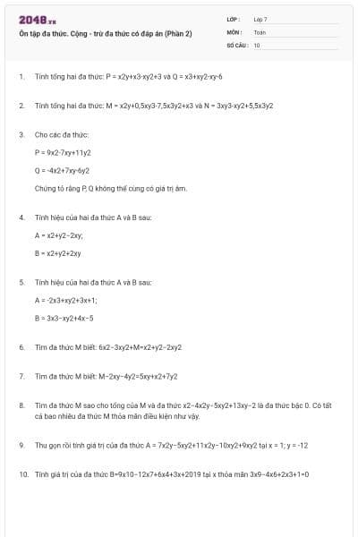 Ôn tập đa thức. Cộng - trừ đa thức có đáp án (Phần 2)