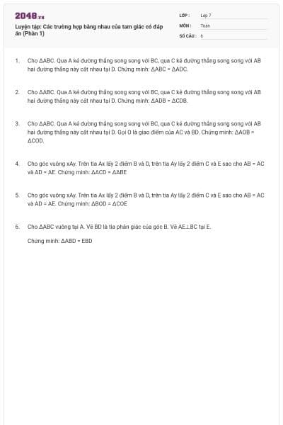 Luyện tập: Các trường hợp bằng nhau của tam giác có đáp án (Phần 1)