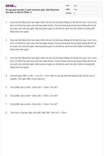 Ôn tập quan hệ giữa 3 cạnh trong tam giác. Bất đẳng thức tam giác có đáp án (Phần 1)