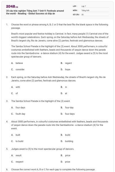 20 câu trắc nghiệm Tiếng Anh 7 Unit 9: Festivals around the world - Reading - Global Success có đáp án