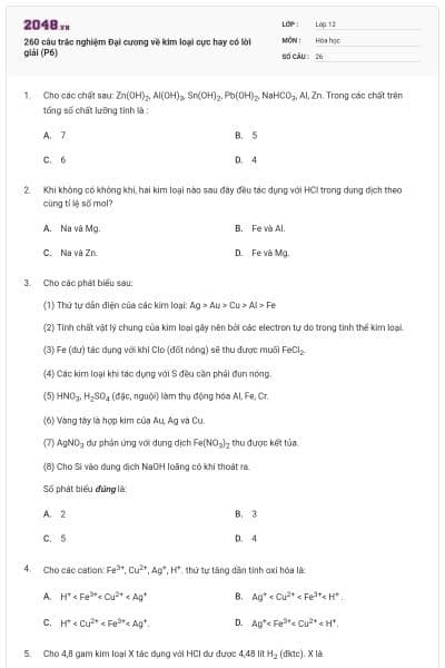 260 câu trắc nghiệm Đại cương về kim loại cực hay có lời giải (P6)