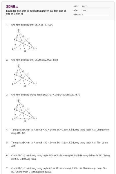 Luyện tập tính chất ba đường trung tuyến của tam giác có đáp án (Phần 1)