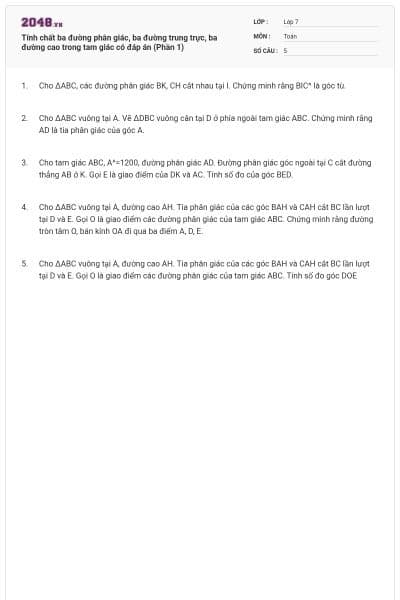 Tính chất ba đường phân giác, ba đường trung trực, ba đường cao trong tam giác có đáp án (Phần 1)