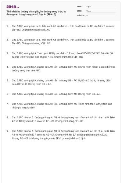 Tính chất ba đường phân giác, ba đường trung trực, ba đường cao trong tam giác có đáp án (Phần 3)