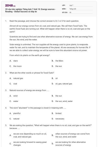 20 câu trắc nghiệm Tiếng Anh 7 Unit 10: Energy sources - Reading - Global Success có đáp án