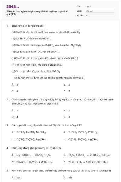 260 câu trắc nghiệm Đại cương về kim loại cực hay có lời giải (P7)