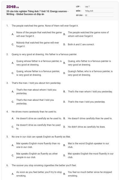20 câu trắc nghiệm Tiếng Anh 7 Unit 10: Energy sources - Writing - Global Success có đáp án